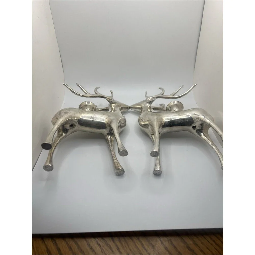Set 2, Pottery Barn Silver Plate Reindeer Taper Candle Holder Christmas Heavy 8”